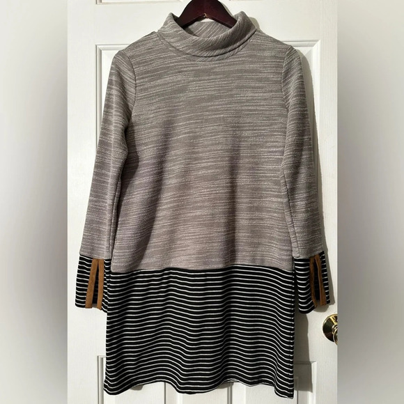 THML Anthropologie Cowl Neck Stripe Gray Black Dress Stretch Faux Suede Trim XS - Picture 2 of 14